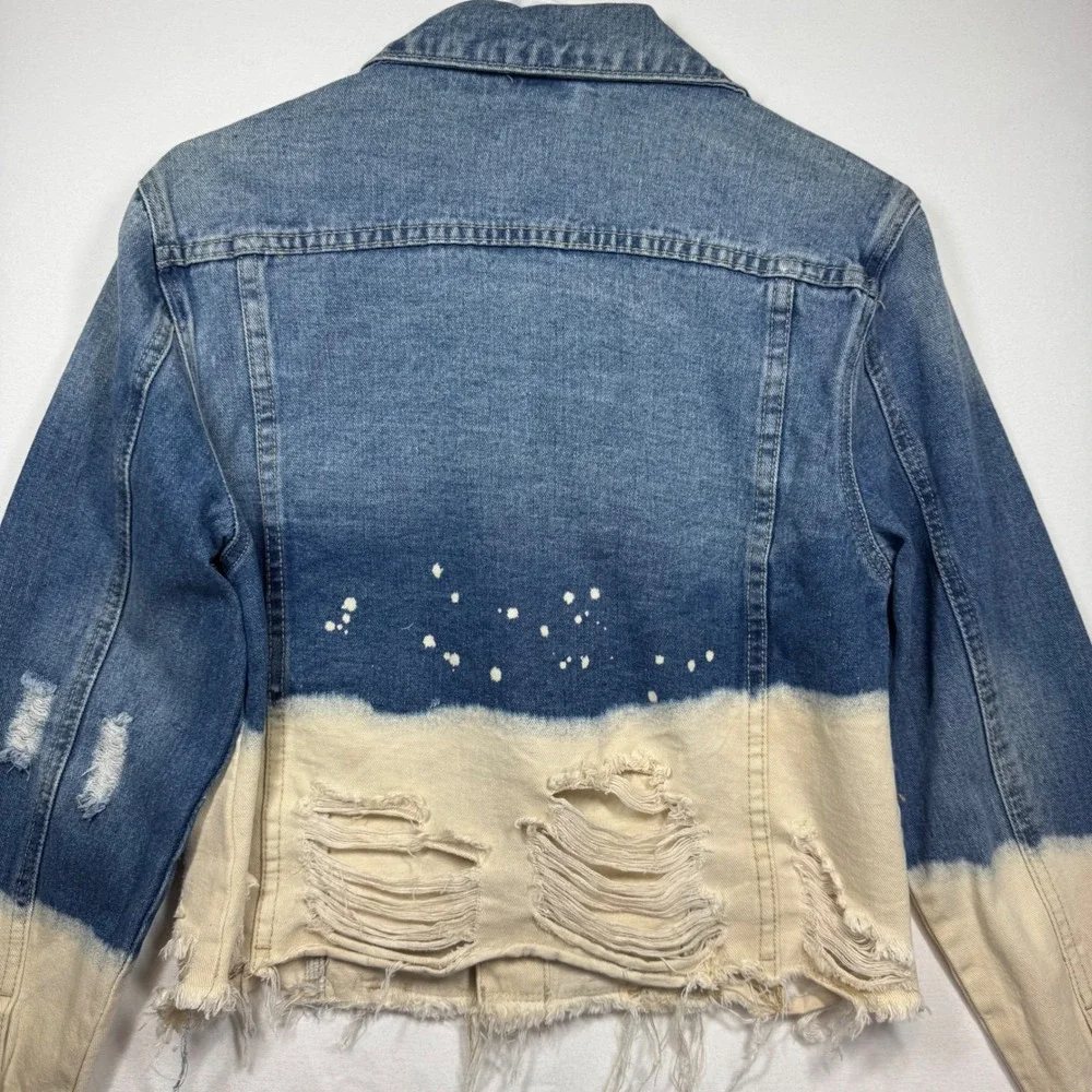 BBJ Los Angeles Denim Jacket‎ Blue White Distressed Cropped Jean Coat Sz Medium
